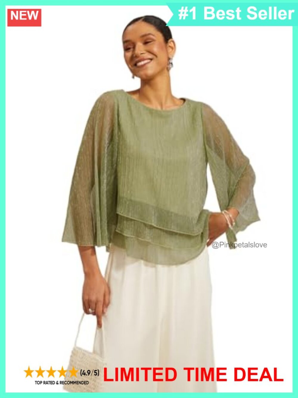 Sparkle Pleated Ruffle Blouse Flowy Shiny Layered Top Dressy Casual
